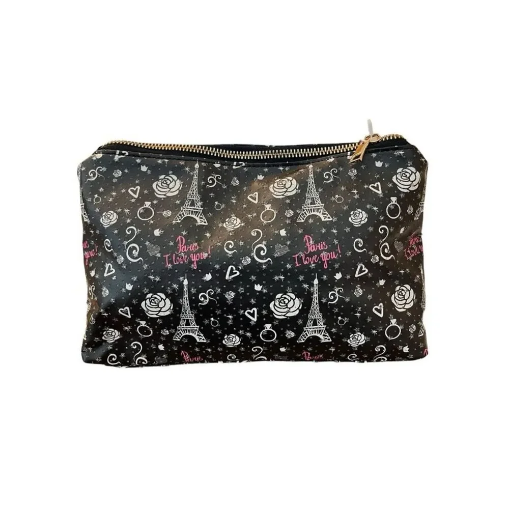 Paris I Love You Eiffel Tower Cosmetic Bag Zip Makeup Clutch Sparkles Roses NWT